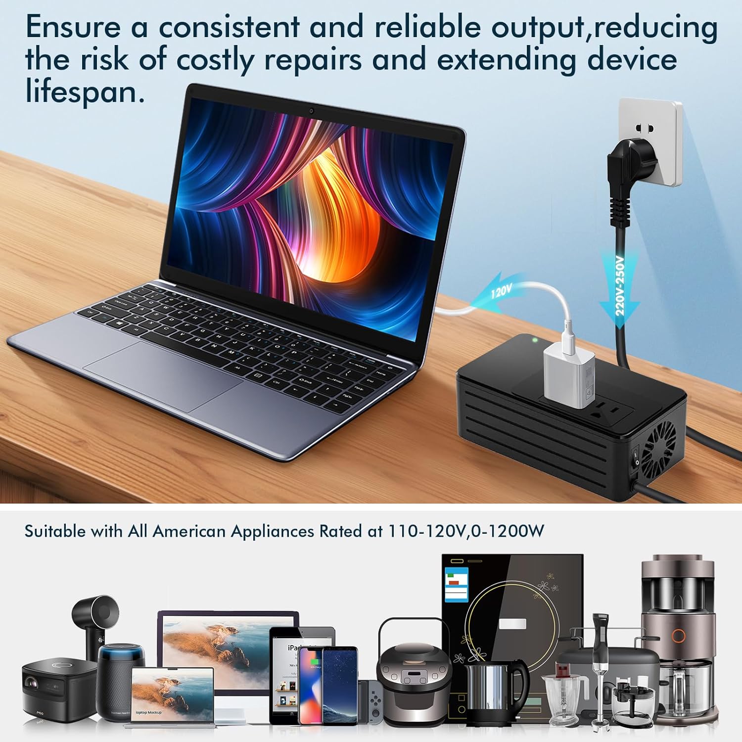 1200W Universal Travel Adapter Converter Step-Down 220V to 110V, 2 lbs Light Weight, Stable Pure Sine Wave, for Hair dryers, straighteners, Curling Irons, Coffee Makers (Black) - Image 3