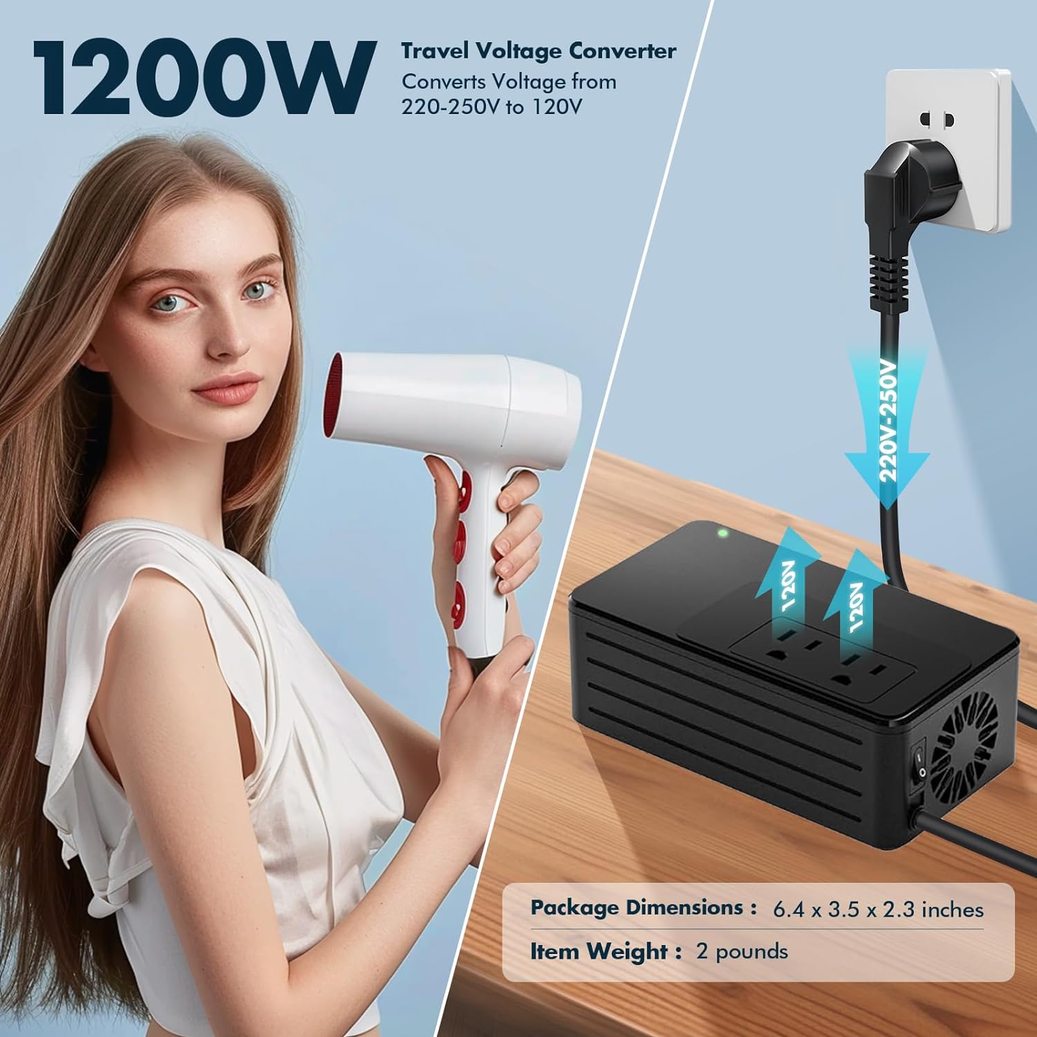1200W Universal Travel Adapter Converter Step-Down 220V to 110V, 2 lbs Light Weight, Stable Pure Sine Wave, for Hair dryers, straighteners, Curling Irons, Coffee Makers (Black) - Image 4