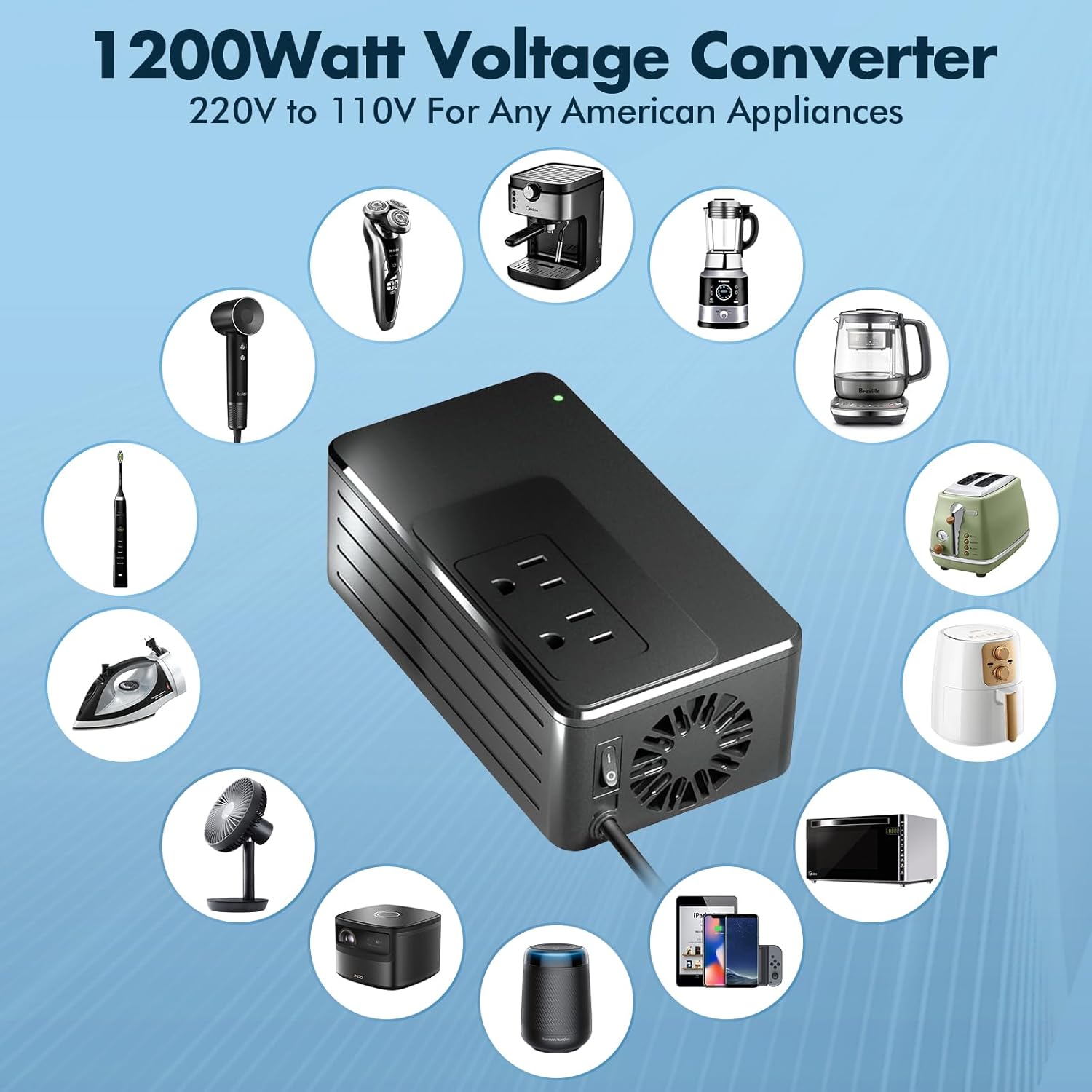 1200W Universal Travel Adapter Converter Step-Down 220V to 110V, 2 lbs Light Weight, Stable Pure Sine Wave, for Hair dryers, straighteners, Curling Irons, Coffee Makers (Black) - Image 5