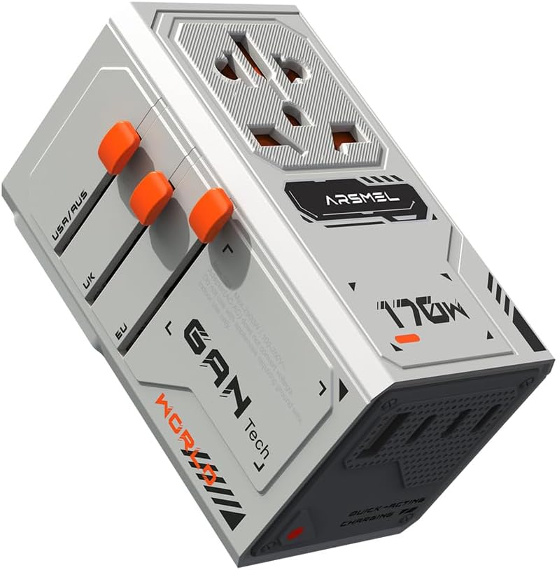 170W GaN Universal Travel Adapter, Worldwide All-in-One International Plug Power Adapter & Wall Charger with 3 USB-C & 1 USB-A (5A/28V) for Europe, USA, Japan, and Australia (Type C/A/G/I)