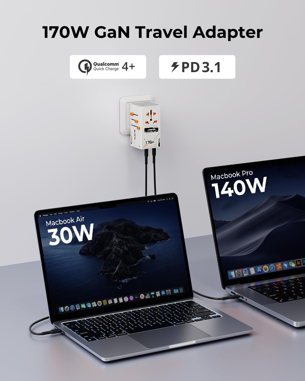 170W GaN Universal Travel Adapter, Worldwide All-in-One International Plug Power Adapter & Wall Charger with 3 USB-C & 1 USB-A (5A/28V) for Europe, USA, Japan, and Australia (Type C/A/G/I) - Image 2