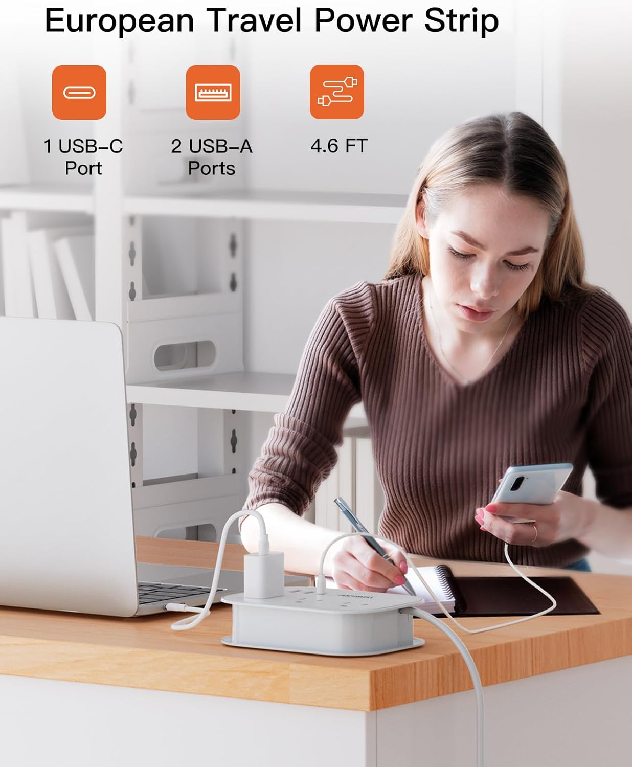 European Travel Plug Adapter USB C, Popowell International European Plug Adapter, 4 FT Travel Power Strip with 3 Outlets & 3 USB, Type C Power Adapter Travel Essential for Italy Spain France Germany. - Image 2