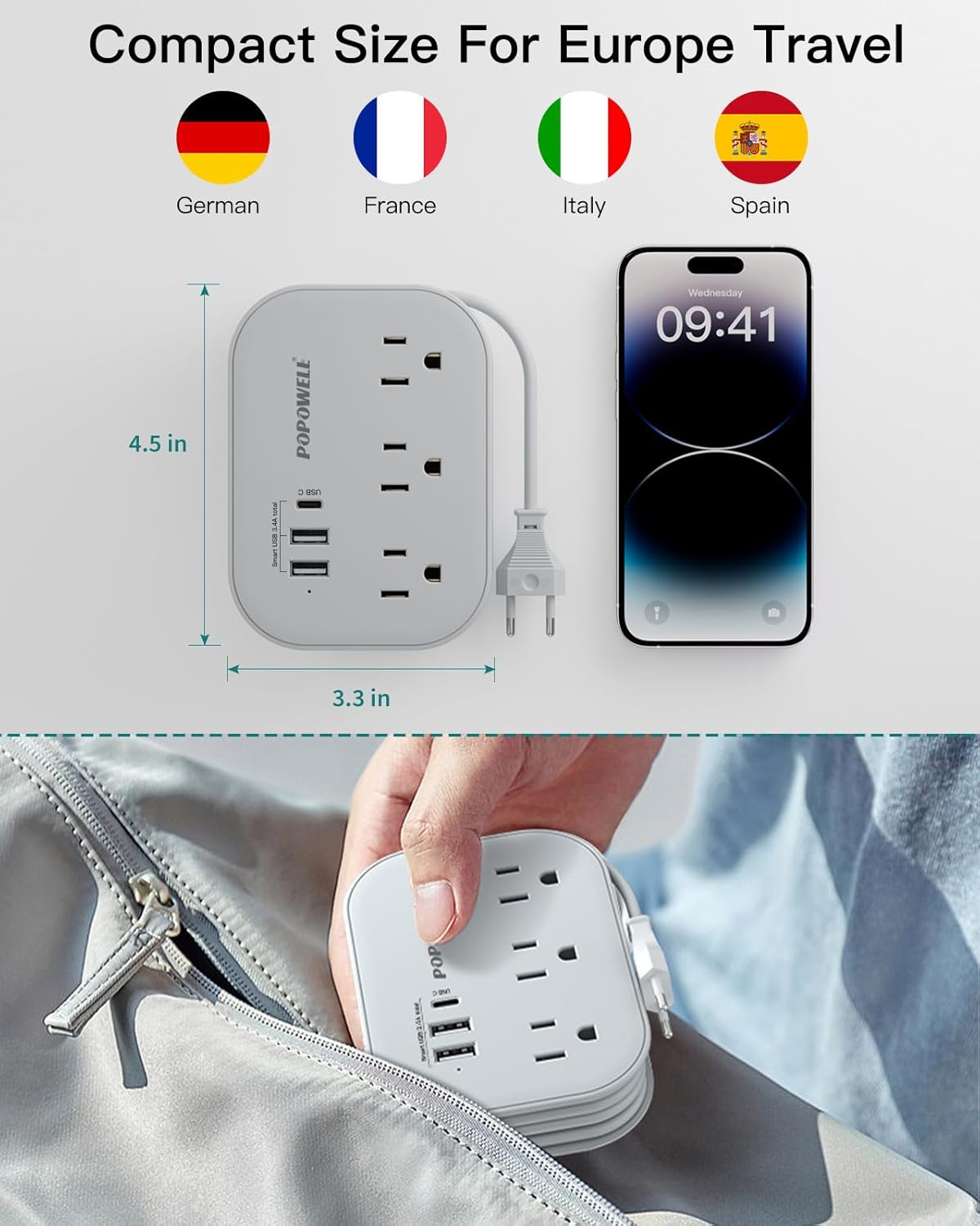 European Travel Plug Adapter USB C, Popowell International European Plug Adapter, 4 FT Travel Power Strip with 3 Outlets & 3 USB, Type C Power Adapter Travel Essential for Italy Spain France Germany. - Image 3