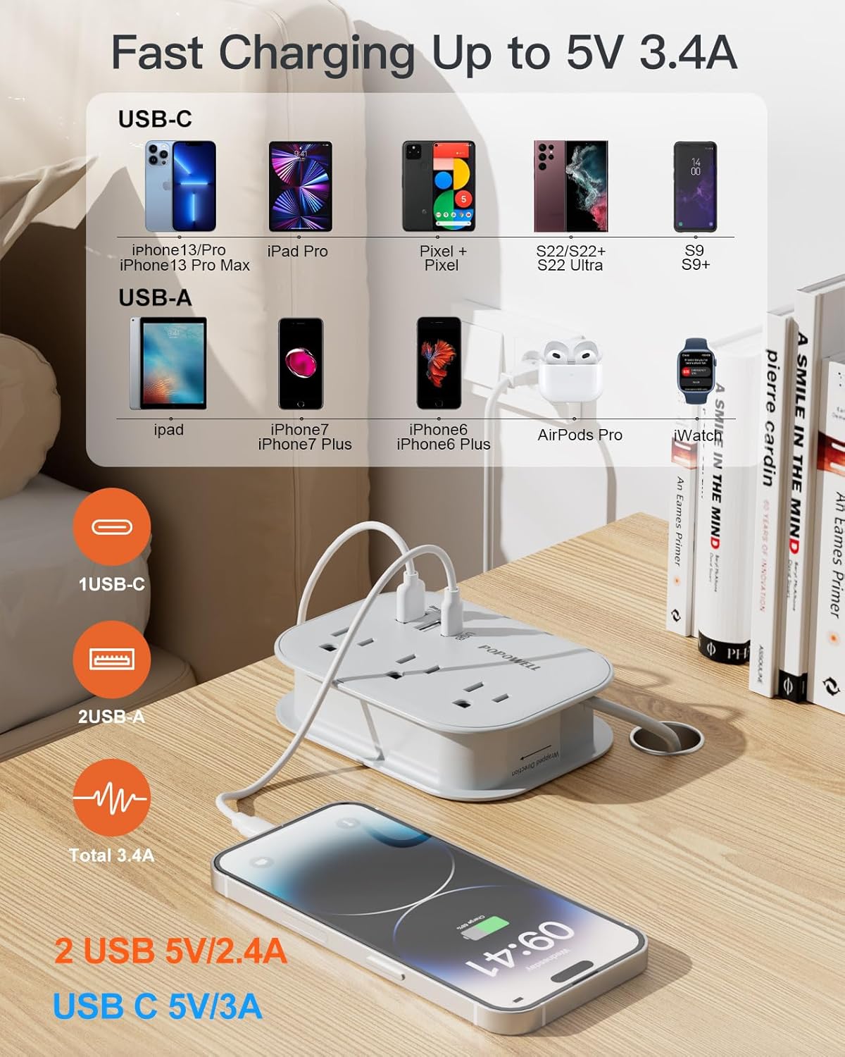 European Travel Plug Adapter USB C, Popowell International European Plug Adapter, 4 FT Travel Power Strip with 3 Outlets & 3 USB, Type C Power Adapter Travel Essential for Italy Spain France Germany. - Image 4