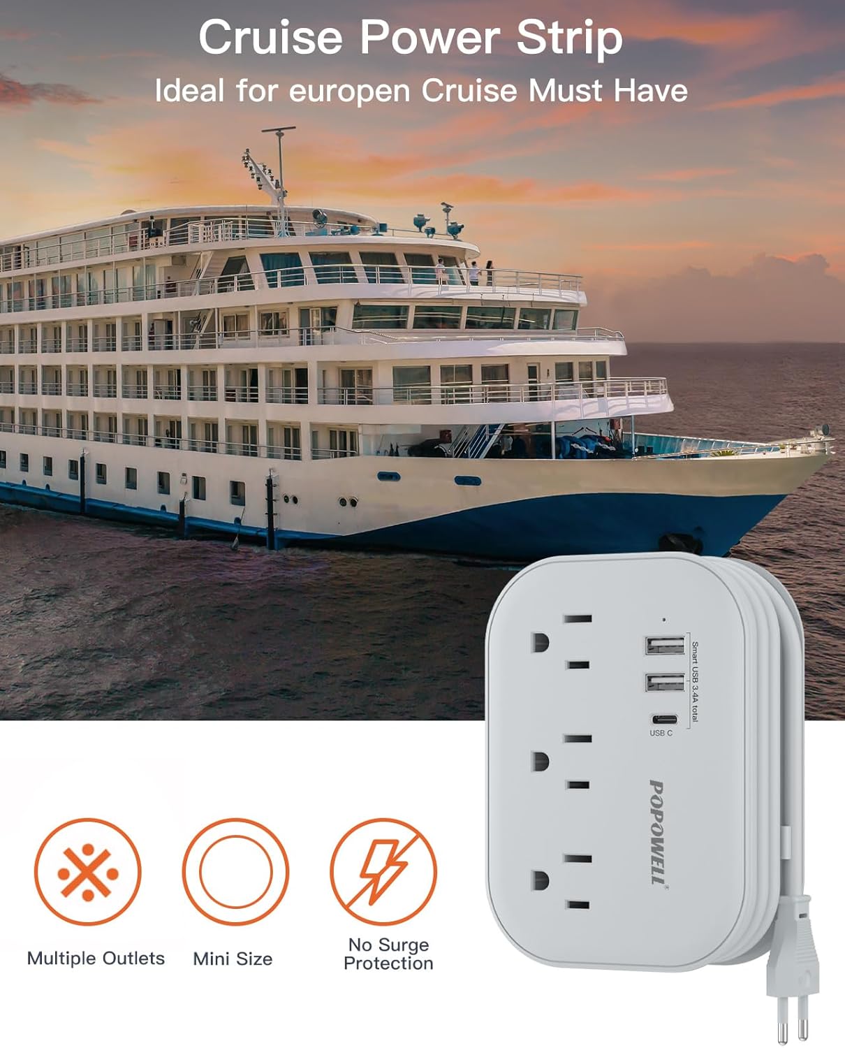 European Travel Plug Adapter USB C, Popowell International European Plug Adapter, 4 FT Travel Power Strip with 3 Outlets & 3 USB, Type C Power Adapter Travel Essential for Italy Spain France Germany. - Image 5