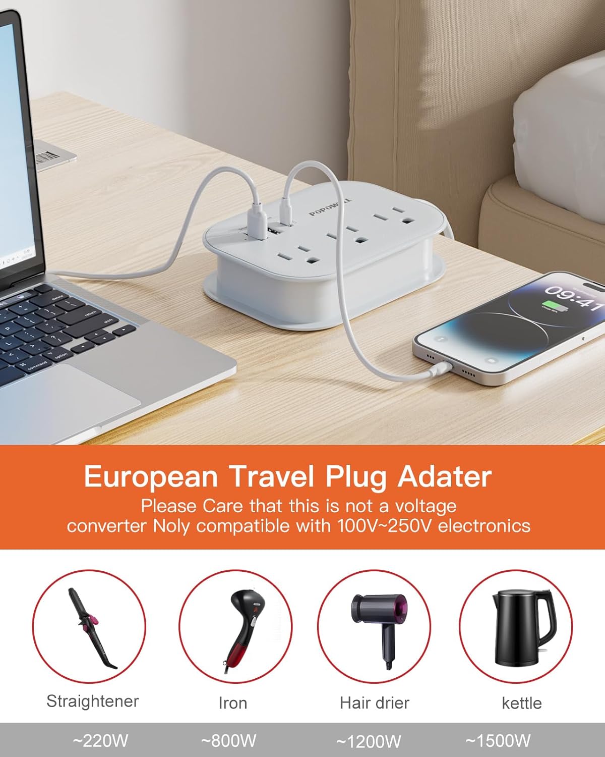European Travel Plug Adapter USB C, Popowell International European Plug Adapter, 4 FT Travel Power Strip with 3 Outlets & 3 USB, Type C Power Adapter Travel Essential for Italy Spain France Germany. - Image 6