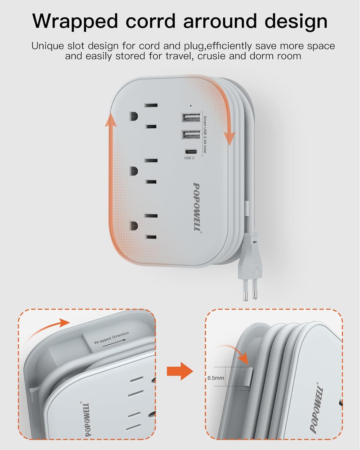 European Travel Plug Adapter USB C, Popowell International European Plug Adapter, 4 FT Travel Power Strip with 3 Outlets & 3 USB, Type C Power Adapter Travel Essential for Italy Spain France Germany. - Image 7