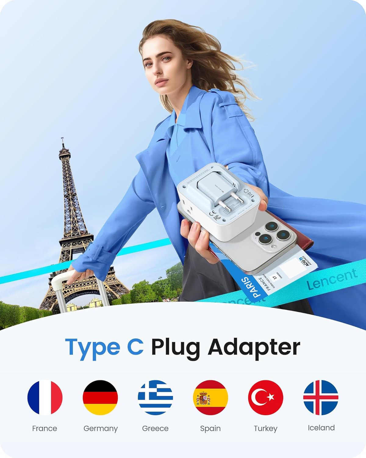 LENCENT 2 Pack European Travel Plug Adapter, Foldable US to Europe Plug Adapter with 4 Outlets, 4 USB Charger Adapter, Type C Power Adaptor for USA to Italy Spain France Portugal Iceland Germany - Image 3