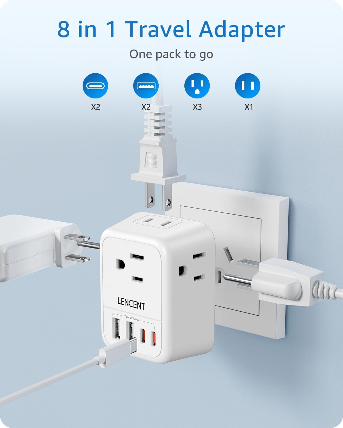 LENCENT 2 Pack European Travel Plug Adapter, Foldable US to Europe Plug Adapter with 4 Outlets, 4 USB Charger Adapter, Type C Power Adaptor for USA to Italy Spain France Portugal Iceland Germany - Image 4
