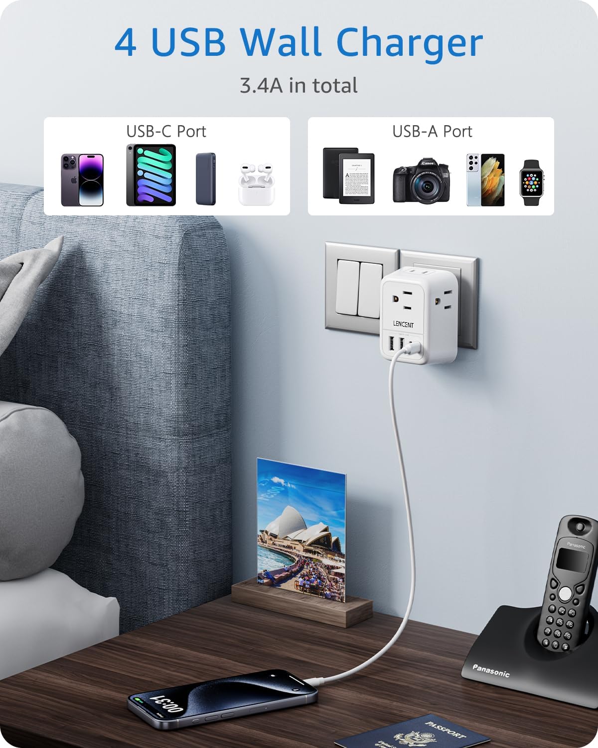 LENCENT 2 Pack European Travel Plug Adapter, Foldable US to Europe Plug Adapter with 4 Outlets, 4 USB Charger Adapter, Type C Power Adaptor for USA to Italy Spain France Portugal Iceland Germany - Image 5