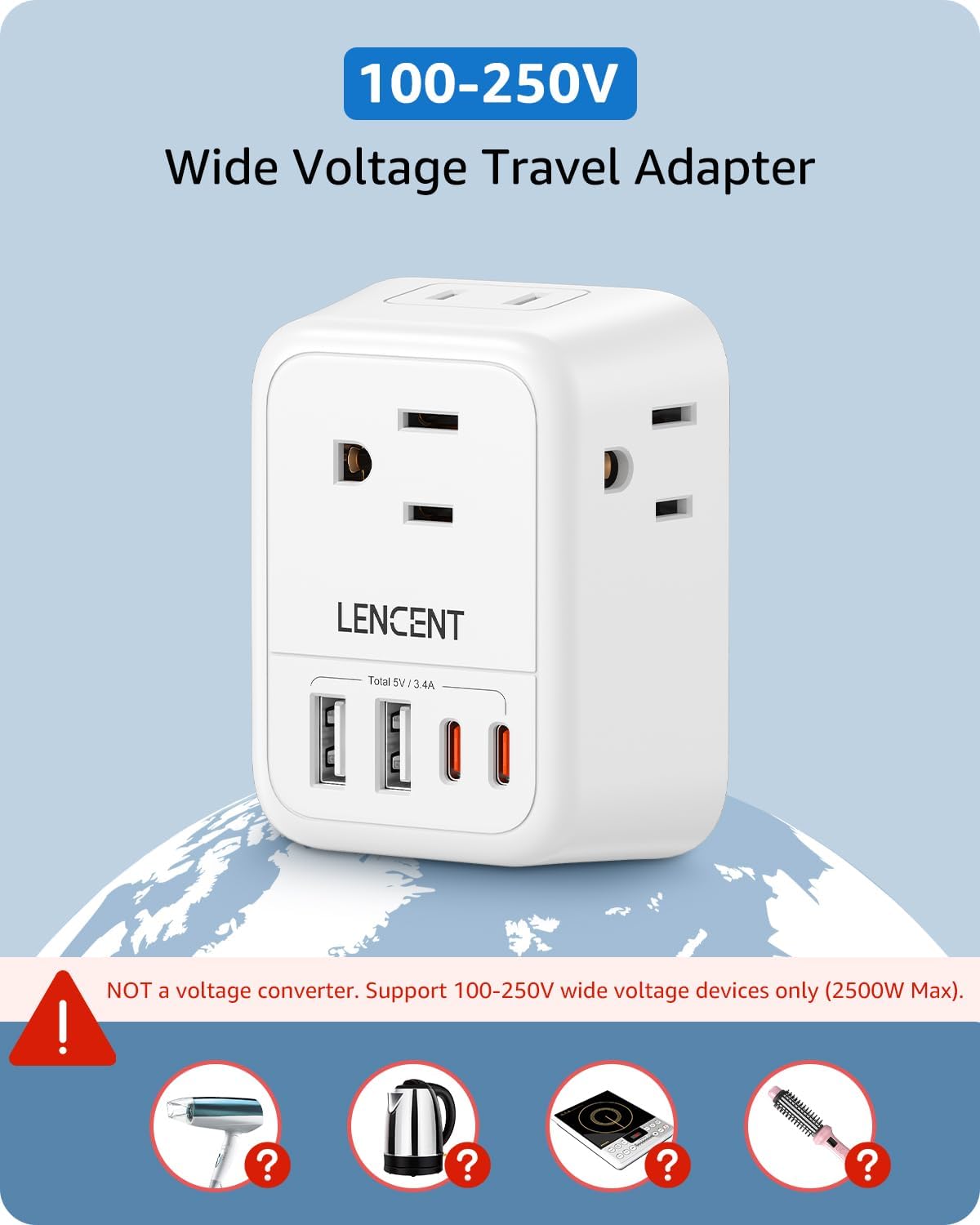 LENCENT 2 Pack European Travel Plug Adapter, Foldable US to Europe Plug Adapter with 4 Outlets, 4 USB Charger Adapter, Type C Power Adaptor for USA to Italy Spain France Portugal Iceland Germany - Image 6