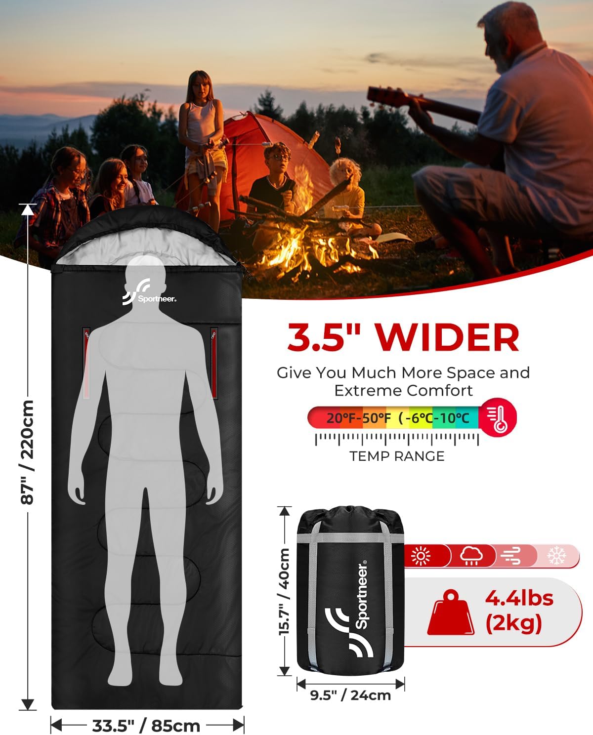 Sportneer Sleeping Bag - Wearable for Adults & Kids with Arm Zipper Holes in Cold & Warm Weather, Waterproof Portable Sleeping Bag for Camping, Hiking, Backpacking, Outdoor Travel - Image 2