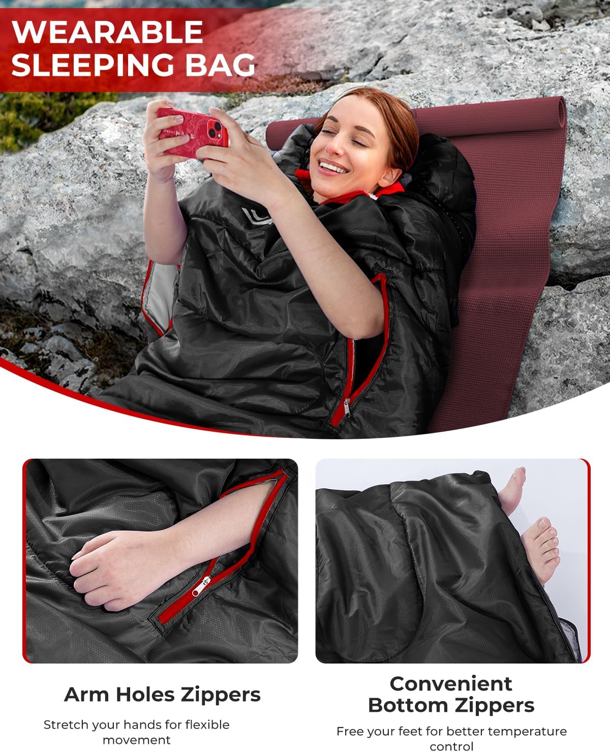 Sportneer Sleeping Bag - Wearable for Adults & Kids with Arm Zipper Holes in Cold & Warm Weather, Waterproof Portable Sleeping Bag for Camping, Hiking, Backpacking, Outdoor Travel - Image 3