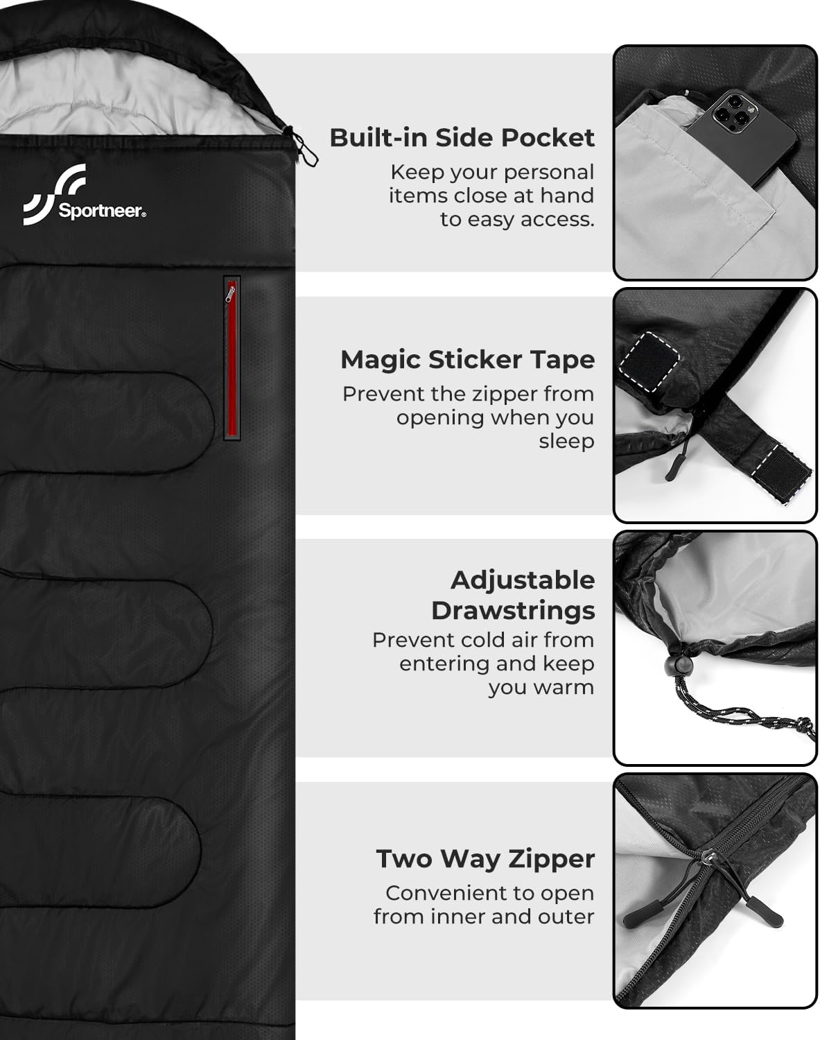 Sportneer Sleeping Bag - Wearable for Adults & Kids with Arm Zipper Holes in Cold & Warm Weather, Waterproof Portable Sleeping Bag for Camping, Hiking, Backpacking, Outdoor Travel - Image 5