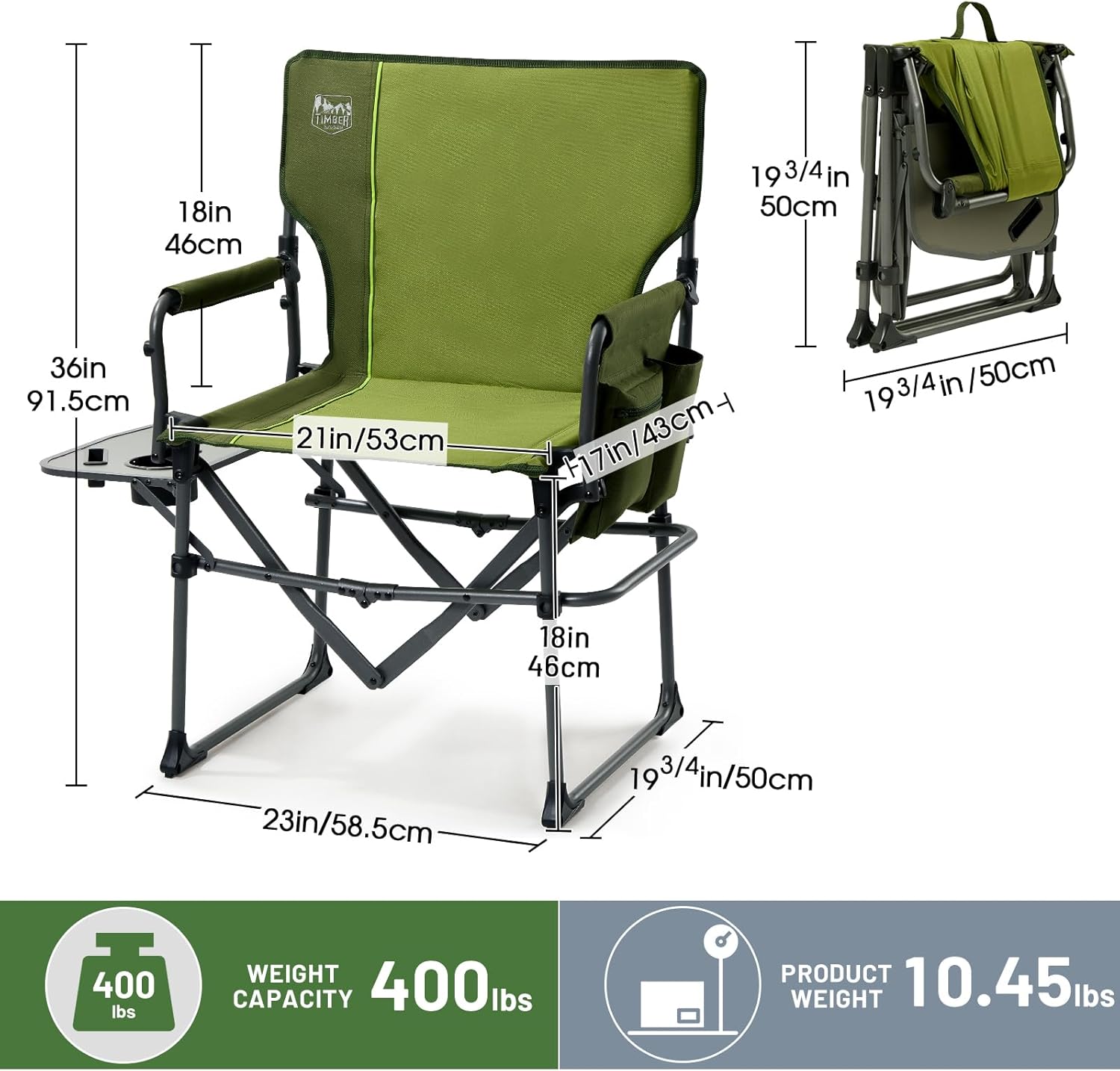 TIMBER RIDGE Heavy Duty Camping Chair with Compact Size, Portable Directors Chair with Side Table and Pocket for Camping, Lawn, Sports and Fishing, Supports Up to 400lbs, Green - Image 2