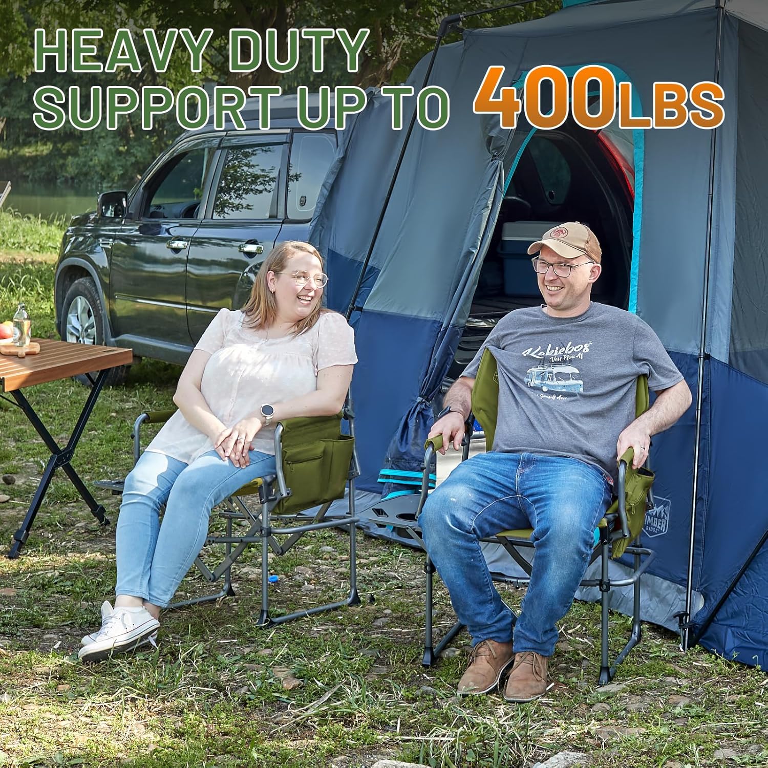TIMBER RIDGE Heavy Duty Camping Chair with Compact Size, Portable Directors Chair with Side Table and Pocket for Camping, Lawn, Sports and Fishing, Supports Up to 400lbs, Green - Image 3