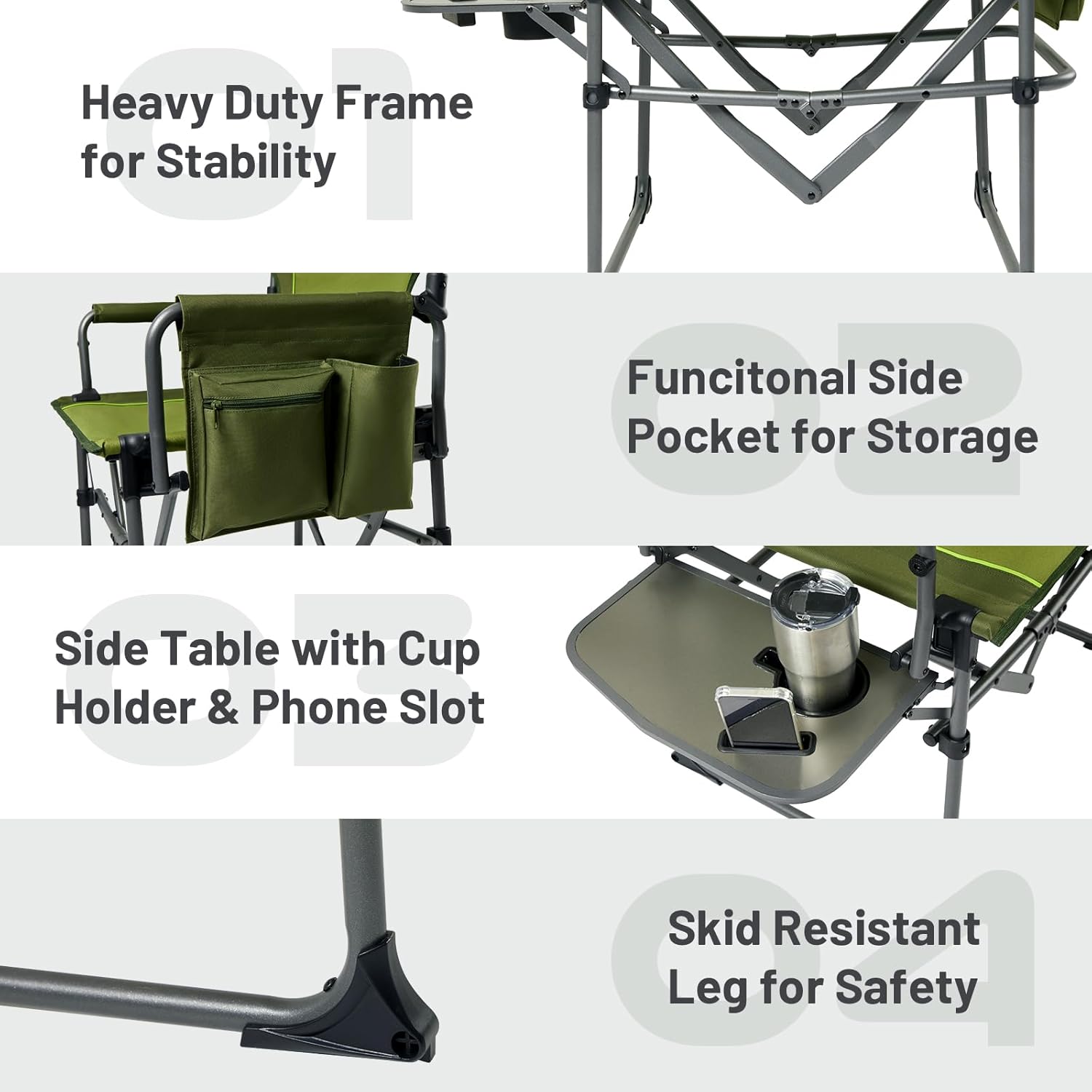 TIMBER RIDGE Heavy Duty Camping Chair with Compact Size, Portable Directors Chair with Side Table and Pocket for Camping, Lawn, Sports and Fishing, Supports Up to 400lbs, Green - Image 6