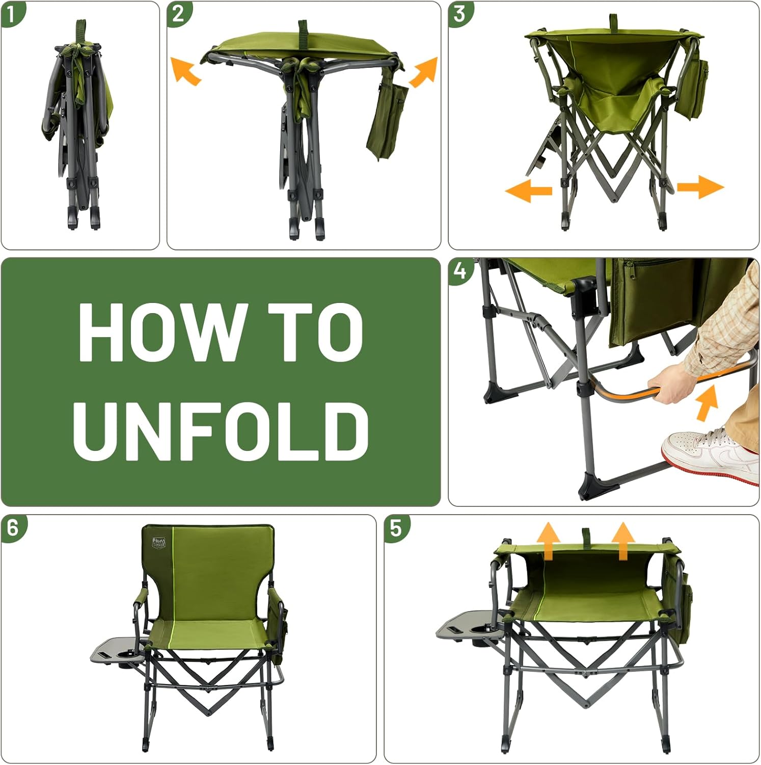 TIMBER RIDGE Heavy Duty Camping Chair with Compact Size, Portable Directors Chair with Side Table and Pocket for Camping, Lawn, Sports and Fishing, Supports Up to 400lbs, Green - Image 7