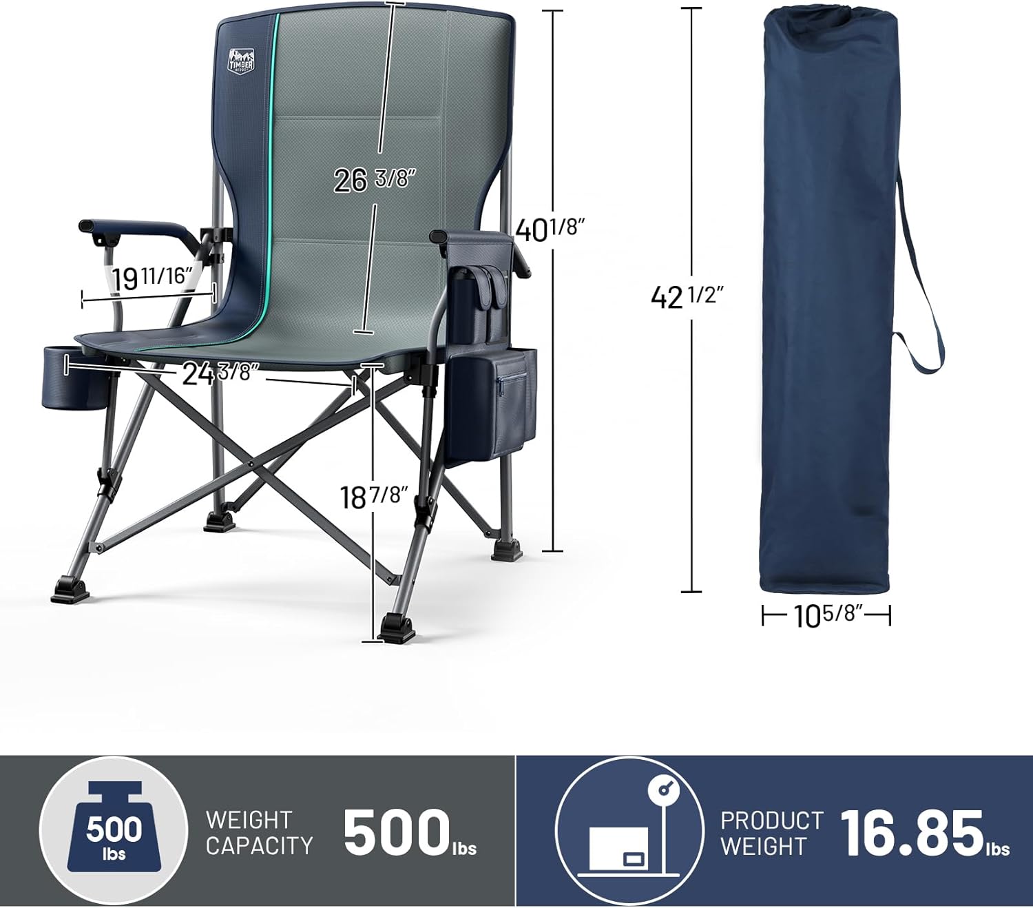 TIMBER RIDGE Oversized Folding Camping Chair High Back Heavy Duty for Adults Support up to 500lbs with Cup Holder, Side Pocket Cooler Bag - Image 3